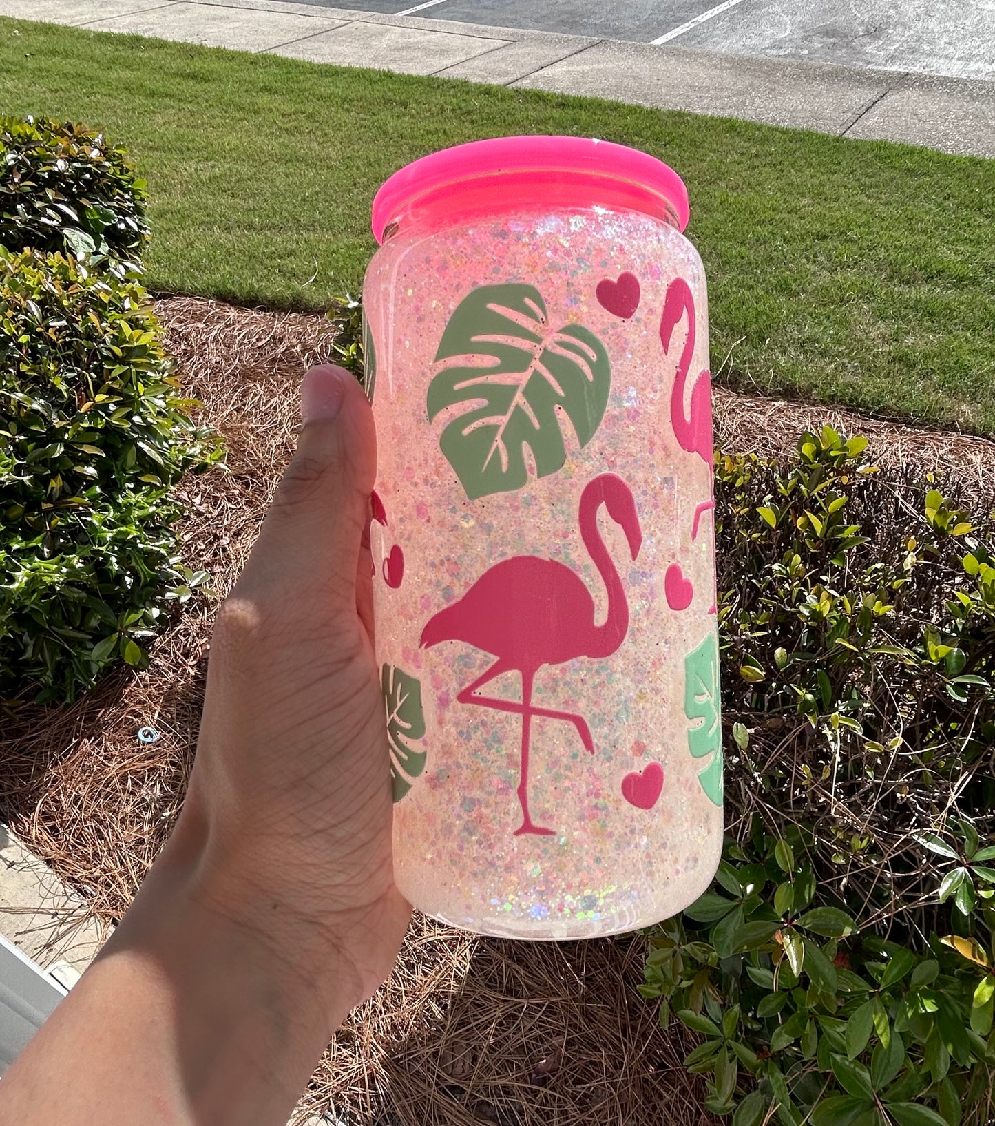 16oz Flamingo Glass Cup